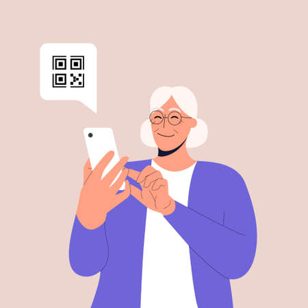 Cute elderly woman holding smartphone with QR sign. Concept of electronic id, identification, vaccine passport or certificate, QR verification, online shopping. Flat vector illustration. Eps 10.のイラスト素材