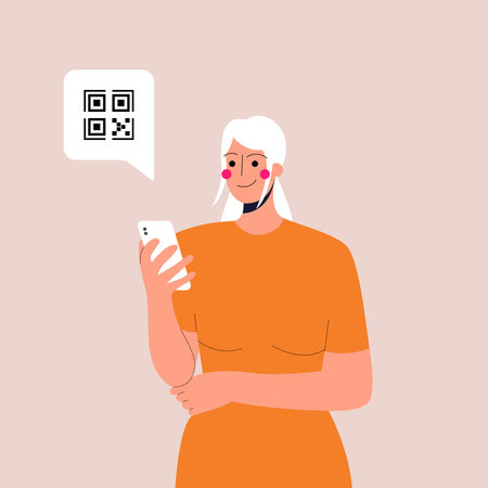 Female cartoon character holding smartphone with QR sign. Concept of electronic id, identification, vaccine passport or certificate, QR verification, online shopping. Vector illustration. Eps 10のイラスト素材