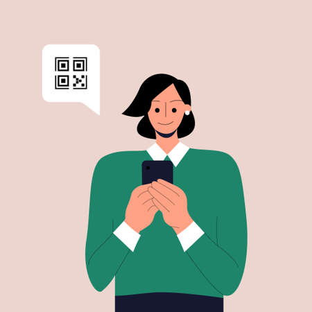 Cute female cartoon character holding smartphone with QR sign. Concept of electronic id, identification, vaccine passport or certificate, QR verification, online shopping. Vector illustration. Eps 10のイラスト素材