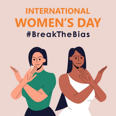 Poster with two women with their arms crossed. International womens day. 8th march. Break The Bias campaign. Vector illustration in flat style for banner, social networks. Eps 10.のイラスト素材