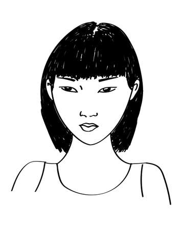 Asian young woman. Vector drawing, black and white. Ink style.のイラスト素材