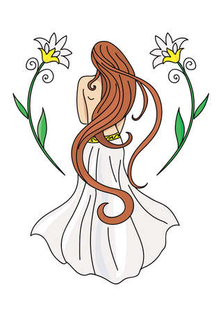 Young Woman With Long Brown Hair And Fancy Flowers Standing With Her Backのイラスト素材