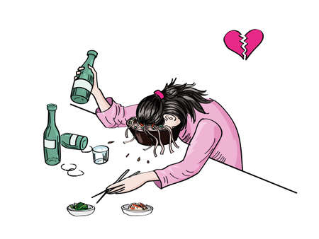 Drunk young abandoned woman feels pain because of broken heart. Her face lays in the bowl of noodles.のイラスト素材