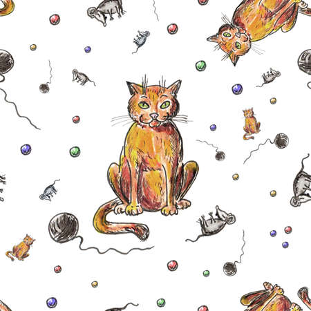 A cat with toys and mouse. The tile of seamless pattern based on a hand drawing by markers.の写真素材