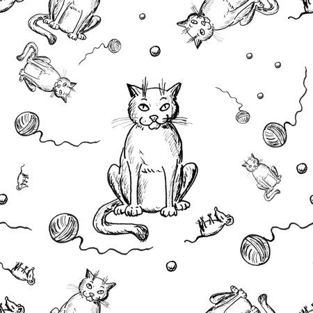 A cat with toys and mouse. The tile of seamless pattern based on a hand drawing by liners.の写真素材