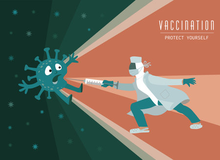 Vaccination attacks virus molecule. Vaccine as COVID-19 virus protection. Protect yourself concept. Doctor with medical syringe. Vector illustration.のイラスト素材