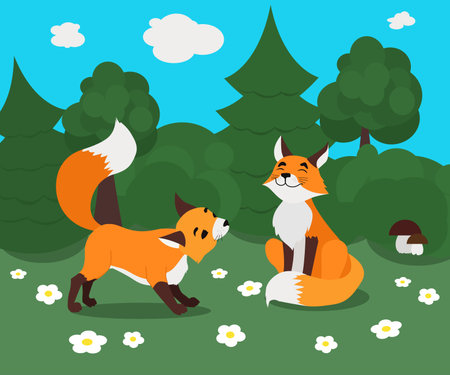 Two cute playing foxes in summer forest. Vector illustration drawn in cartoon style.