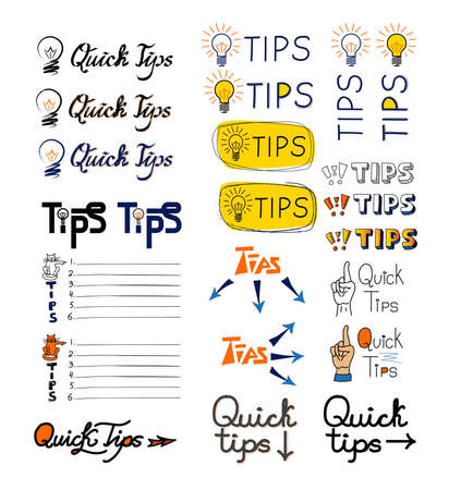 Set of Tip Lists, Quick Tips, Advices, Helpful Tricks, Tooltip Hint. Abstract Banners with Useful Information, Light Bulb, Arrow. Flat Vector Illustration. Lettering style.のイラスト素材