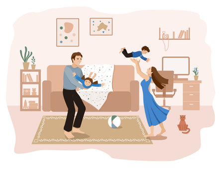 Happy family. Parents, father and mother, are playing with their children at home. Living room interior with people and cat. Vector flat illustration.のイラスト素材