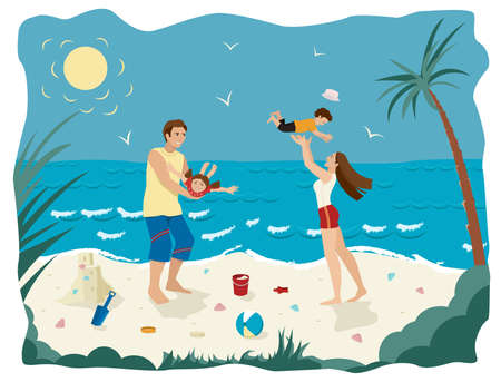 Happy family on a tropical beach. Parents, father and mother, are playing with their children on a seashore. Vacations. Vector flat illustration.のイラスト素材