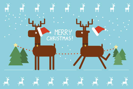Merry Christmas greeting card. Running deers in geometric style with decorative lines and fir-treesのイラスト素材
