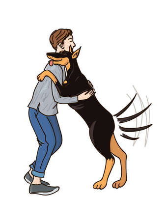 Happy dog with wagging tail hugs owner. Doberman breed. Vector doodle.のイラスト素材
