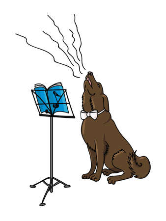 Howling dog with music book and music stand nearby. Vector illustration in cartoon style.のイラスト素材