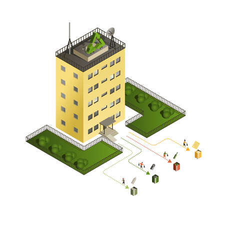 Sorting trash for recycling. Recyclable waste is separated by people into different containers. Care for ecology. Building with recycling symbol of the roof. Isometric vector illustration.のイラスト素材