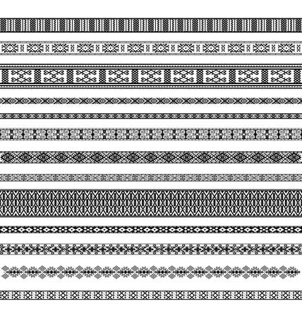 Decorative lines with ethnic ornaments. Lithuanian traditional monochrome patterns.のイラスト素材