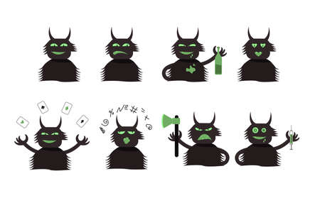 Demons and sins. Anger, alcoholism, drug addiction, aggression, mockery, arguing, curse, card game, lust. Set of devils.のイラスト素材