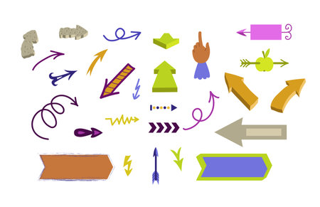 The set of colorful arrows, pointers, cursors, indicators hand drawn in vector. Design elements in...