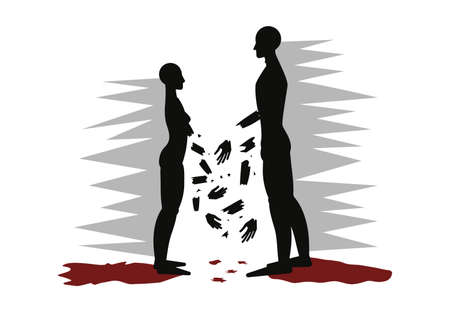 Broken relationships, friendship, love. Misunderstanding, divorce wounds people, makes them feel pain. Man and woman are separated, loose their partner or friend.のイラスト素材