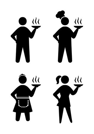 Icons with person fiures holding a plate with steaming food. Cook, waiter, waitress with dish as a symbol of cooking and offering hot meal.のイラスト素材