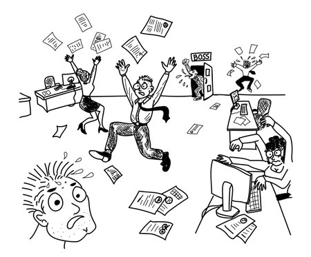 Nervous situation in the office due to an angry boss. Stress management. Scared employees. Aggressive manager shouts. People run around the office and lose papers. Vector illustration in cartoon style.のイラスト素材
