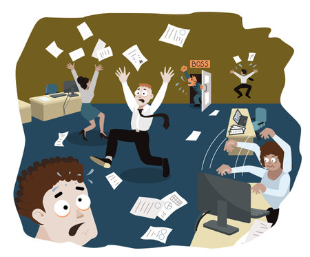 Nervous situation in the office due to an angry boss. Stress management. Scared employees. Aggressive manager shouts. People run around the office and lose papers. Vector illustration in cartoon style.のイラスト素材