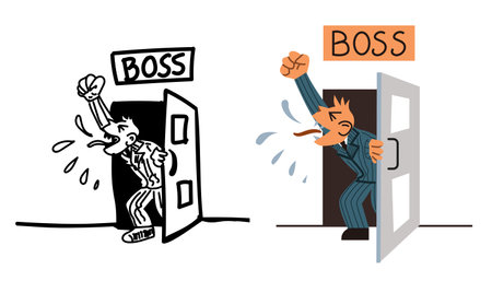 Angry boss opens the door and shouts from his office. Nervous aggressive manager. Stress management. Colorful and line vector illustration.のイラスト素材