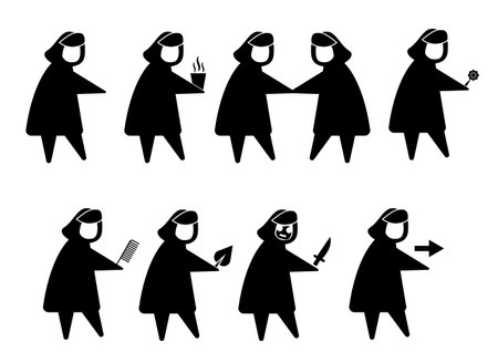 People in coats hold or give somebody hot drink, flower, leaf, knife, hairbrush. People are shaking hands. Someone in a mask threatens someone with a knife. Person shows a way to go. The set of iconsのイラスト素材