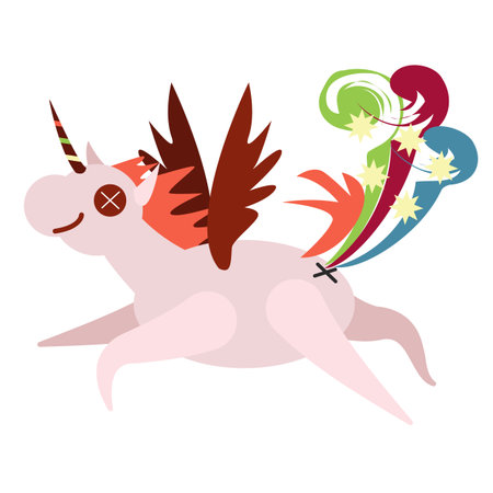 Strange fancy unicorn with colorful tail and bitton eyes as hallucination. Pretty and little bit spooky Halloween unicorn.のイラスト素材