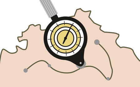 The opisometer measures the distance between points on the map. Curvimeter. Flat vector illustration.のイラスト素材