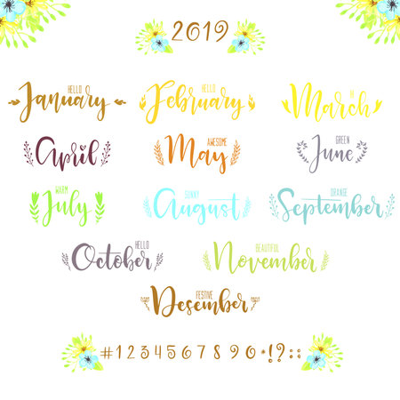 Trendy Hand Lettering Set Of Months Of The Year Words Brush Handwritten Names Of Months With Colorful Flowers For Diary Notebook Notepad Royalty Free Vector Graphics