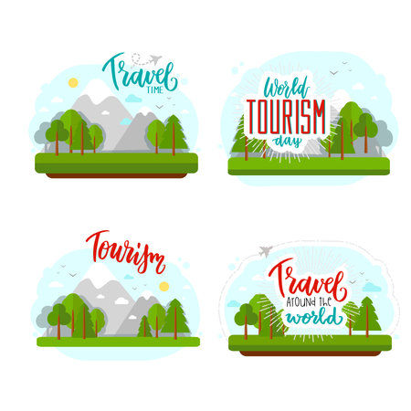 Beautiful lettering for tourism day with flat. World Tourism Day. Tourism day. Travel around the world. Travel time.のイラスト素材