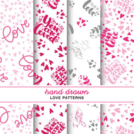 Set of the patterns of the lettering phrase and the doodle hearts. Freehand Modern lettering for cards, posters, t-shirts, etc.のイラスト素材