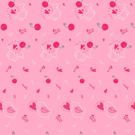 Pattern of Love hand drawn quote with doodle in vector. Pink Background for Valentines Day. Cupcake with cherry. Heart. Bird with heart.のイラスト素材