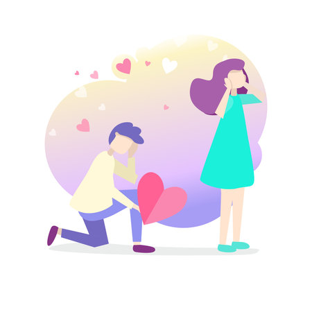 Vector flat style illustration of a sad man makes on knee with broken heart and the woman refused....