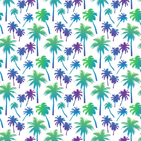 Seamless pattern with palm trees with layered colorful neon palm leaves and beautiful silhouettes, for swimwear, surfboard, summer clothesのイラスト素材