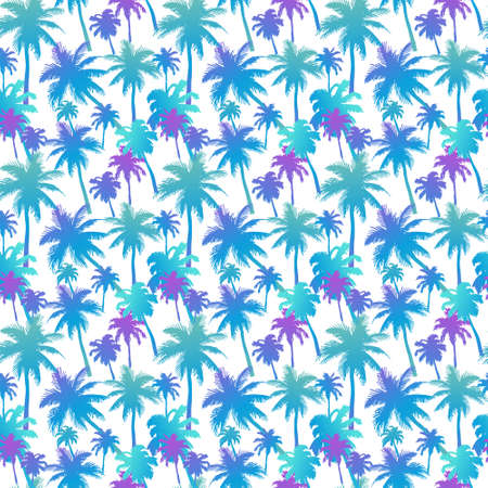 Seamless pattern with palm trees with layered colorful neon palm leaves on white background. Beautiful silhouettes, for swimwear, surfboard, summer clothesのイラスト素材