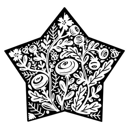 A beautiful hand-drawn stars. shape star. Beautiful floral pattern in the star. Page for coloring book.のイラスト素材