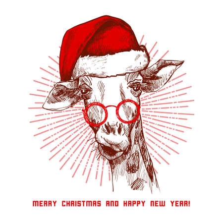 A hipster christmas giraffe. Hand drawn giraffe Santa in glasses for poster. Sketch of the giraffe facial head. Giraffe with divergent rays from him.のイラスト素材