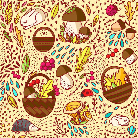 Autumn pattern. Basket with leaves, branches and berries. Autumn bouquet with forest mushrooms, leaves, berries. Hedgehog and bunny are forest inhabitants.のイラスト素材
