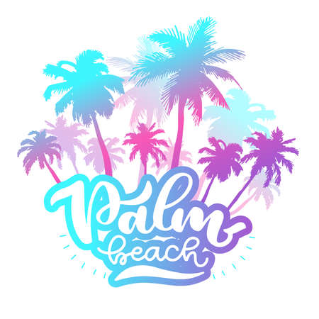 Vector illustration: Brush lettering composition of Palm beach isolated on white background with palmsのイラスト素材