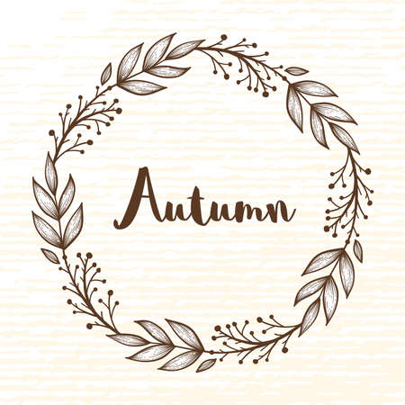 Autumn wreath of forest elements. Leaves, acorns, branches and berries. Beautiful script Autumn.のイラスト素材