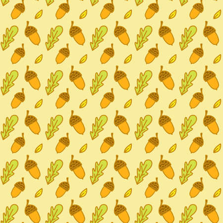 Autumn pattern with doodle leaves. Acorn, an oak leaf, a maple leaf, a twig.のイラスト素材