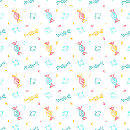 Genome sequencing pattern in bright colors. Background in Doodle style. DNA, genome, scissors, test tube.のイラスト素材
