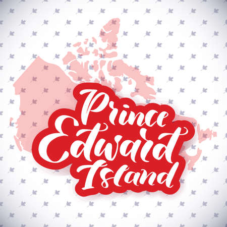 Prince Edward Island. Hand drawn lettering of Canada's province for tourist signs, tourist map of the province. Sticker with lettering in paper cut style. Unique freehand lettering.のイラスト素材