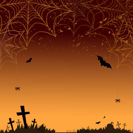 Halloween Background. Vector Halloween orange background with many flying bats, old house, moon, trees.のイラスト素材