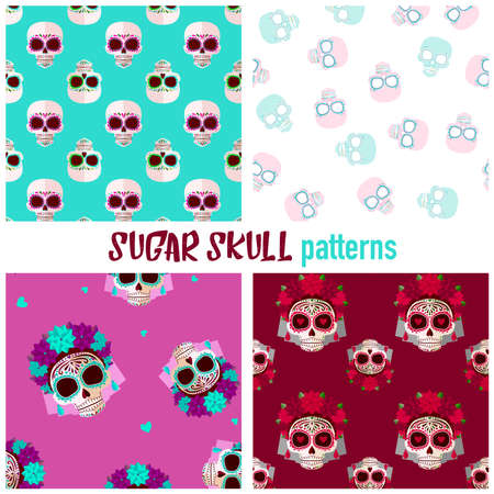 Sugar skull patterns. Day of the dead.Bright Sugar skull pattern. Background in sweet colorsのイラスト素材