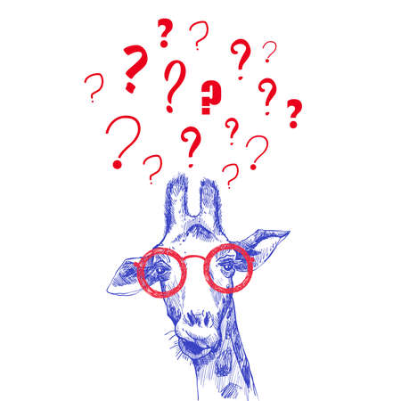 Sketch of the head of a giraffe faÃ§ade hand drawn with question marks around the head. A thinking giraffe. Solution of the problem.のイラスト素材