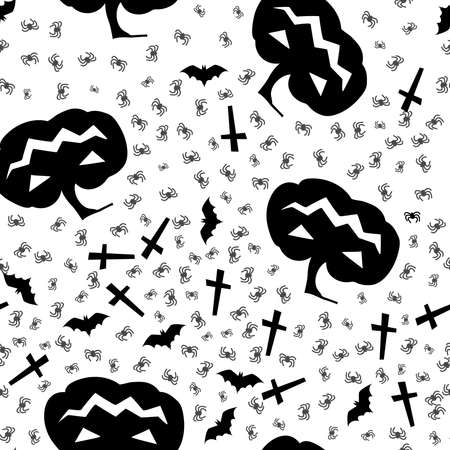 Hallowen pattern with angry plumpkin and bat. Halloween party, background with pumppkin, grave, tombstoneのイラスト素材