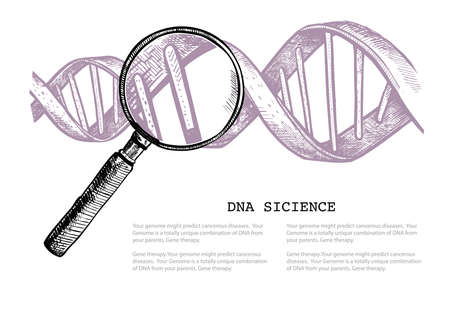 Hand drawn magnifying glass is looking for a gene in dna. Vector concept for magazine. DNA scienceのイラスト素材