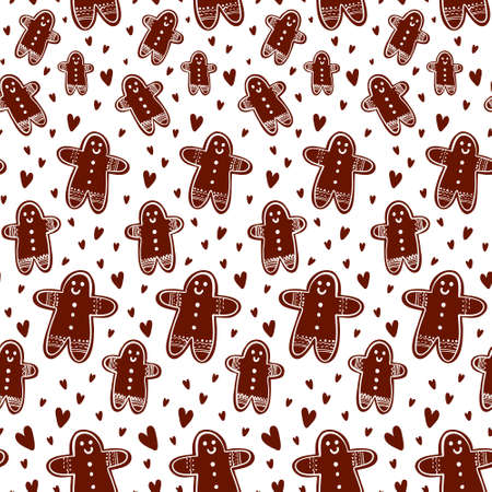 Christmas hand drawn pattern with ginger cookies and hearts. Christmas backgroundのイラスト素材